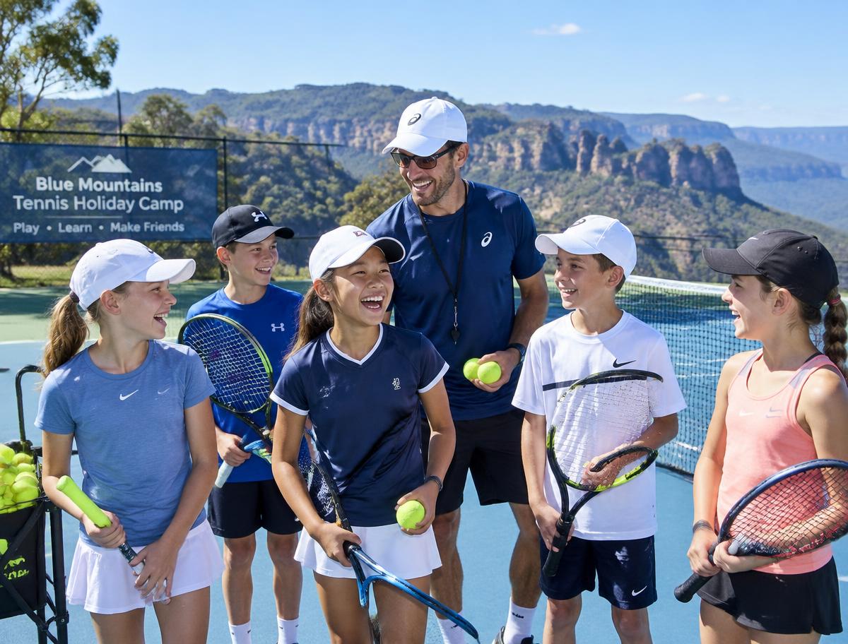 Children at a school holiday tennis camp in the Blue Mountains
