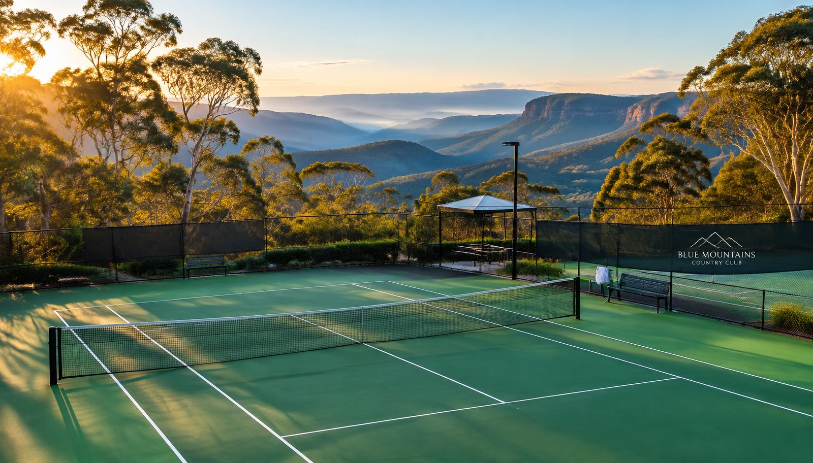 Tennis courts at Ridge and Racquets overlooking the Blue Mountains, Wentworth Falls